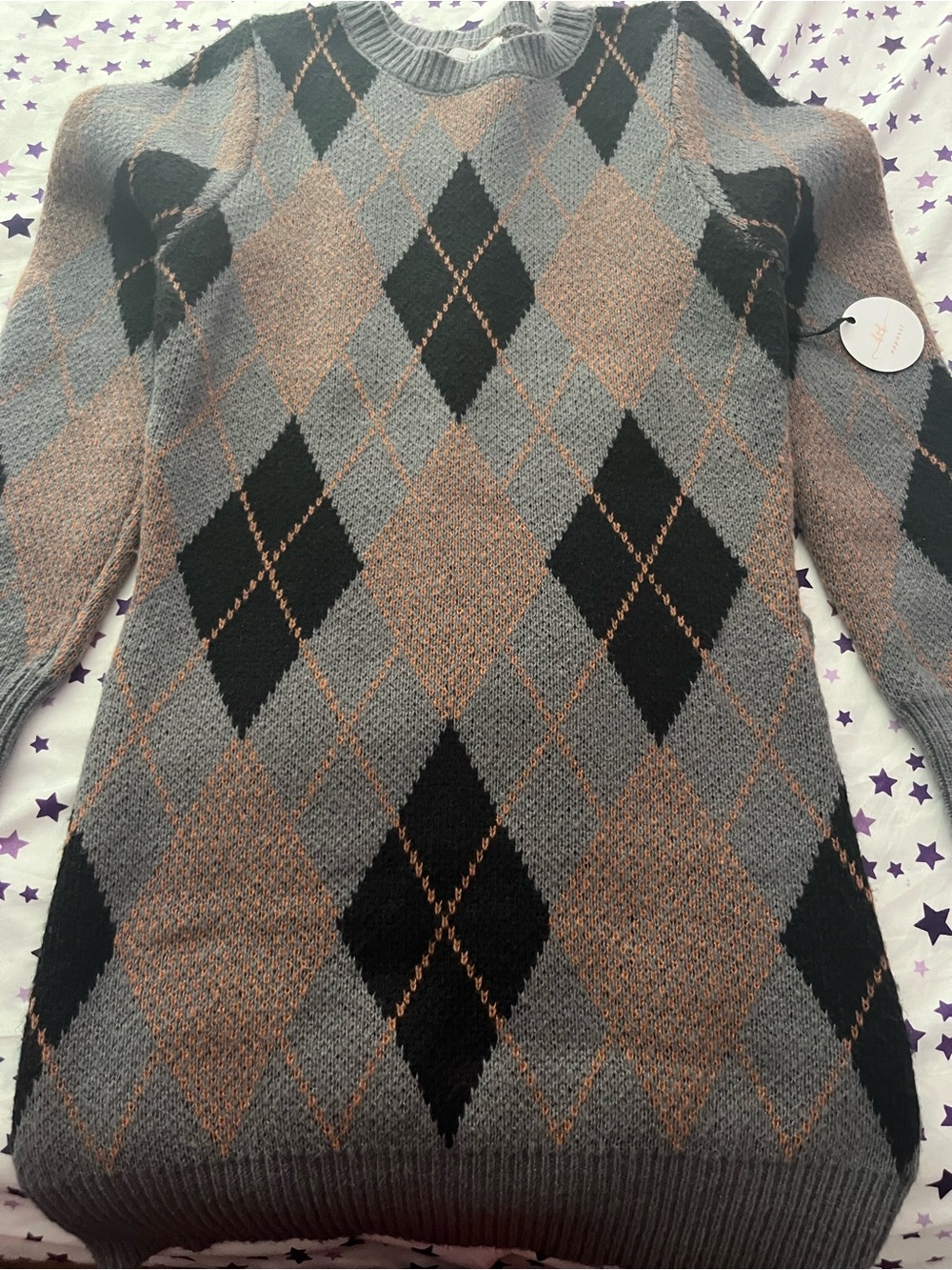 Women’s Argyle Crewneck Sweater Dress in Gray and Brown - Picture 7 of 7
